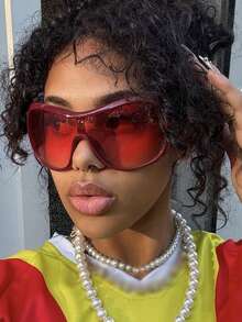 1pc Oversized Red Frame Fashion Glasses, Fashion Eyewear For Women - Red - View 3