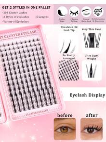 MEM 308pcs D Curl Eyelash Extension DIY Kit, Mixed Lash Combo, 10-12mm Cluster D Curl Fluffy Individual Lashes, Soft & Voluminous, Mini Travel Size, Thick Lash Set Includes Glue, Sealant & Tweezers, Suitable For Home Use, Daily Wear, Beginner Friendly, Also Great For Weddings, Dates, Parties, Holidays, Perfect As Christmas/Halloween/Gift Lash Set - 黑色 - 查看 6