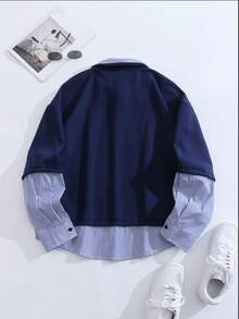 Áo polo nam dài tay kẻ sọc tương phản, kiểu dáng rộng rãi, thoải mái, phong cách thể thao sinh viên, thích hợp cho mùa xuân và mùa thu. - Màu xanh hải quân - Xem 3