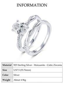 XUJIA 1 Set 925 Sterling Silver Moissanite Bridal Ring Set, 7x9mm (2 Carat) Oval Moissanite Ring, Classic Women's Ring, Twisted Engagement Ring, Anniversary Party Birthday Jewelry Gift - Silver - View 19