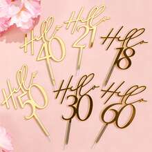 1 buah/3 buah/6 buah Hiasan Kue Ulang Tahun Akrilik Cermin Emas "Hello 18/21/30/40/50/60", Usia Dapat Disesuaikan, Dekorasi Kue Pesta Ulang Tahun - Emas - View 3