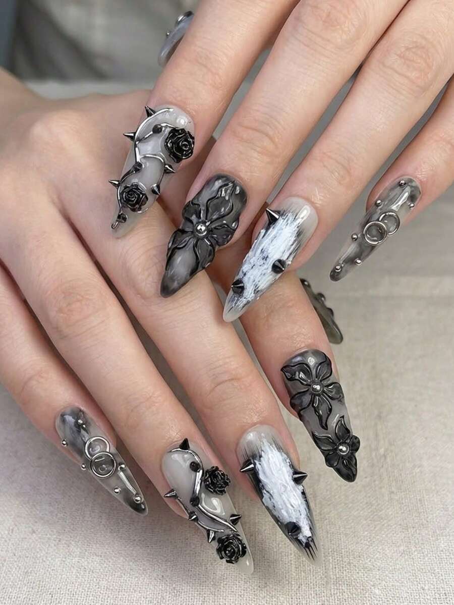 24片长尖头按压式美甲贴片，哥特式黑色法式美甲，黑色玫瑰3D线条艺术设计，朋克风格，亮泽全覆盖，适合女性和女孩日常佩戴 - 彩色 - 查看 1