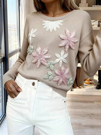 1pc Knitted Ribbed 3D Floral Embroidered Sweater, Suitable For Spring/Autumn Vacation