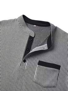 Men'S Textured Striped Stand Collar Long Sleeve Casual Henley Shirt, Breathable Fabric Machine Wash Suitable For Outdoor And Office Daily Wear - 黑色 - 查看 3