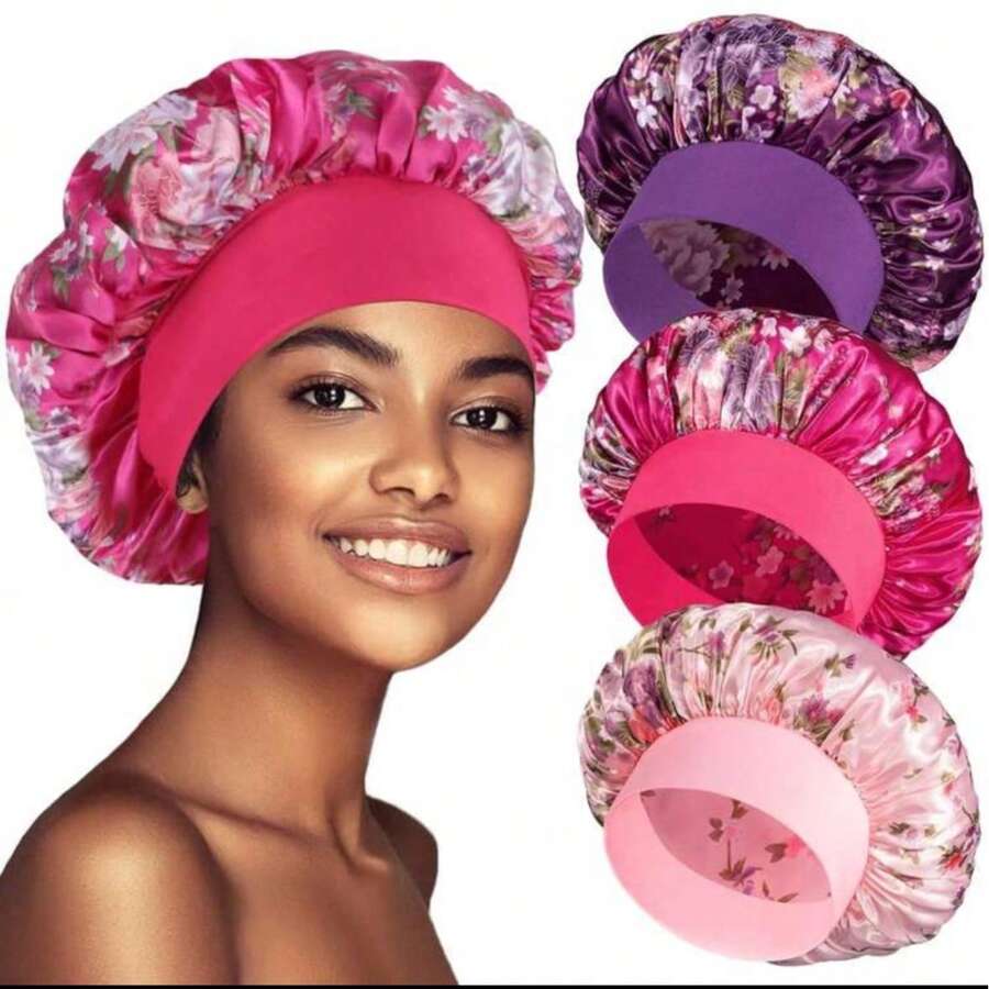 Set de 3 bonete din satin floral multicolor pentru femei, bonetă de păr cu bandă elastică lată, bonetă de somn din satin cu bandă largă pentru femei, potrivită pentru înfrumusețarea părului, îngrijirea, pălării pentru chimioterapie, păr creț elastic, culori asortate