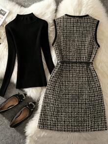 This Elegant Sleeveless Jacket Adopts The Popular Autumn Checkered Design, Which Is Specially Designed For Women. Dress,Equipped With A Belt And Front Button, It Is Ideal For Parties, Festivals, Leisure Outings And Vacations. - Camel - View 3