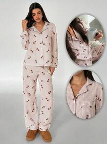 Aloruh 女士领口心形条纹长袖睡衣套装睡衣套装女士女士睡衣套装心形印花睡衣心形睡衣套装可爱睡衣套装条纹心形睡衣女士心形睡衣心形睡衣套装，秋季服装 - 棕色 - 查看 3