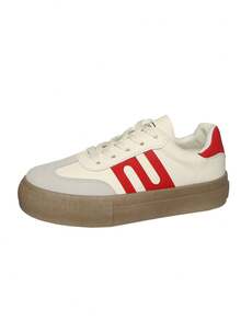 2026 New Women's Outdoor Casual Sneakers, Thick Sole Low-Top Rubber Sole Lace-Up Simple Fashion Outdoor Campus Style Daily Versatile Comfortable White Shoes - Red - View 6
