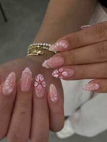 24片杏仁形3D凝胶美甲贴纸，花卉美甲设计，法式美甲贴纸，珍珠装饰，完美贴合亚克力美甲套装，包含：1片果冻凝胶和1个指甲锉，Bloominggelnails法式美甲，适合女性日常工作、节日、派对等场合。美甲用品 - 彩色 - 查看 2