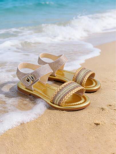 1 Pair Girls' Shiny Pink + Woven Pattern Decor Green Material Anti-Slip Sandals, Open Toe Design, Multiple Straps And Ankle Strap, Flat, Lightweight Luxurious Princess Style Children's Birthday Party Shoes