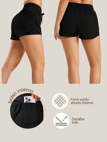 Women's Fitness Shorts With Lining, Inner Pocket, And Tulle Detail - màu đen - Xem 2