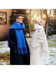 1pc Solid Color Thick Tassel Scarf, Soft & Warm, Windproof, Winter Warm Scarf, Fleece Fabric, 78.74 X 15.75 Inches, Black & White Fashionable Casual Daily Outdoor Style, College Style Accessory Women's Winter Scarf, Soft Fabric, Decorative Tassel Scarf, Unisex, With Tassel Scarf, Women's Winter Shawl - Multicolor - View 9