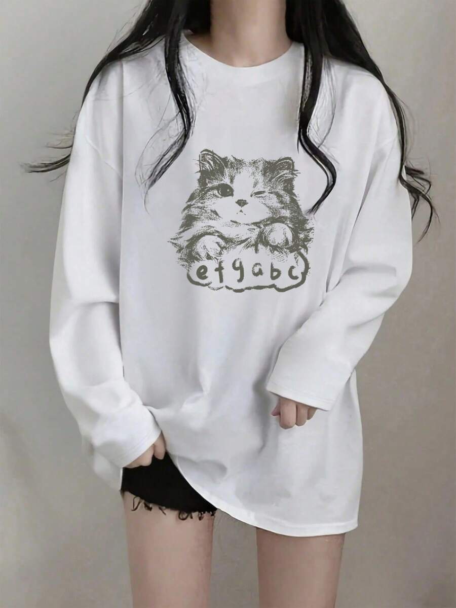 Áo thun cotton dài tay in họa tiết hoạt hình dáng rộng rãi cho nữ, đa năng cho mùa xuân và mùa thu - trắng - Xem 1