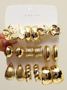 1-9 pares de pendientes de botón con flores grandes vintage dorados, hechos de material plástico de alta calidad, aptos para uso diario - Dorado - Ver 9