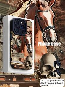 1pc Newspaper Collage Skull & Horse Pattern Textured Anti-Slip Anti-Drop Soft Leather Phone Case, Compatible With Apple And Galaxy 17/17AIR/17PRO/17PROMAX - Multicolor - View 2