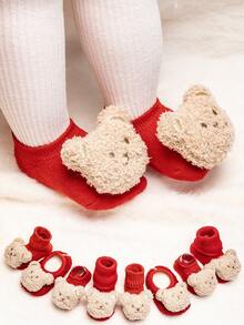 1 Pair Baby Infant New Year Red Series Socks, Cute Elephant & Bear Boat Socks, Mid-Calf Socks, Non-Slip Floor Socks, Soft Breathable Skin-Friendly, New Party Holiday Gathering - Red - View 11