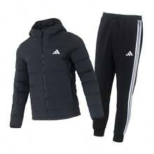 Adidas Chándal para hombre: Chaqueta de plumas con capucha y pantalón. Chaqueta de plumas cómoda, informal y reversible. Pantalón de punto suave, sencillo y cómodo para uso diario, con forro polar. - Blanco y negro - Ver 1