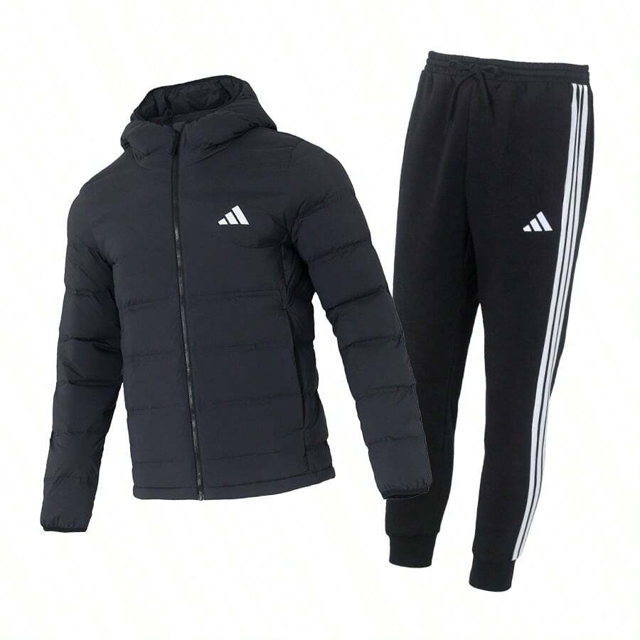 Adidas Chándal para hombre: Chaqueta de plumas con capucha y pantalón. Chaqueta de plumas cómoda, informal y reversible. Pantalón de punto suave, sencillo y cómodo para uso diario, con forro polar. - Blanco y negro - Ver 1