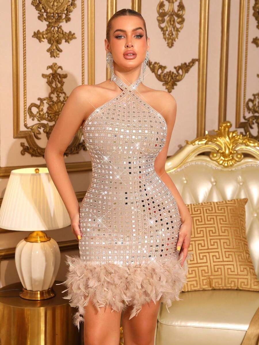 Feather-Like New Women's Apricot Bandage Mini Dress, Sexy Sleeveless Off-Shoulder Backless With Heavy Crystal Diamonds, Suitable For Birthday Party, Wedding, Bridesmaid, Prom