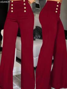 女士70年代复古风高腰喇叭裤，配金色纽扣，复古办公室及休闲春季单品 - 酒紅色 - 查看 2