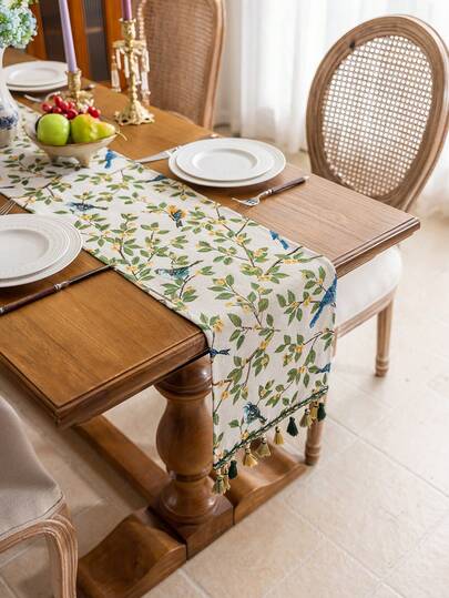 1pc Spring & Summer Pastoral Style Jacquard Table Runner, Delicate Embroidered Bird & Floral Pattern, Colorful Tassel Decor, Washable, Suitable For Decorating Tables, Cabinets, Country Home, Parties, Picnics, Camping, All Seasons