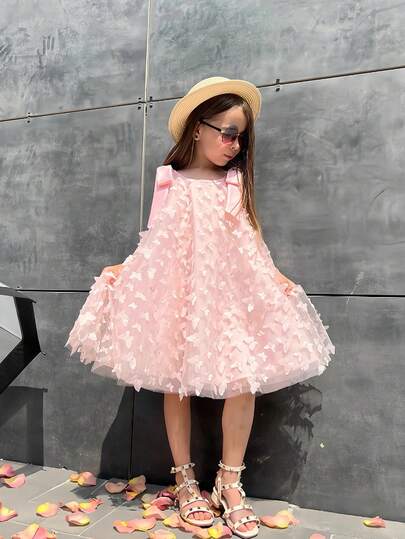 Young Girl Pink 3D Butterfly Dress, Puffy Tulle Party Princess Dress, Suitable For Girls Birthday Party, Prom, Wedding Flower Girl, Graduation