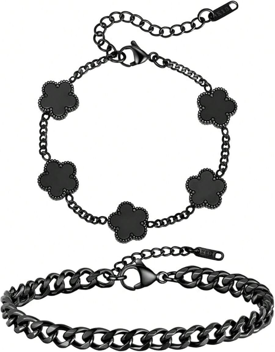 VNOX - 2 pulseras de trébol de 4 hojas para hombres y mujeres, cadena de acero inoxidable con eslabones de la suerte, cuatro pulseras de flores de trébol, regalos de joyería de moda - Negro 01 - Ver 1