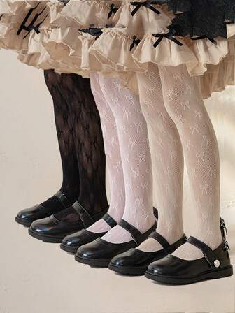 3pcs/Pack Kids Solid Color Lolita Style Jacquard Net Stockings Leggings, Girls Butterfly Hollow Out Footless Tights For Daily Wear, Fashion & Sensual, Dance Socks