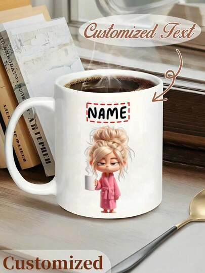 11oz Personalized Coffee Mug - Customizable Name Ceramic Cup, Cute Lazy Girl Design, Dishwasher & Microwave , Leak-Proof, Suitable For Hot & Cold Drinks, Great For Office, Home, Birthday, Christmas Gift, Coffee Shop, Illustration
