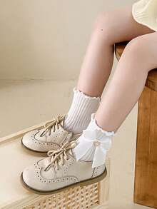 2双装：婴儿珍珠蝴蝶结荷叶边棉袜，可爱婴儿学生甜美短袜，女童配套连衣裙袜