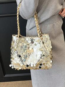 1pc Women's Fashion Solid Color Sequin Shoulder Bag, Portable Versatile Large Capacity Shoulder Tote Bag, Suitable For Dates, Work, Travel - Gold - View 5