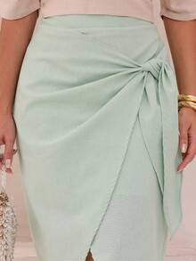 Linen Midi Skirt With Wrap Detail And Elegant Slit - 水綠 - 查看 5