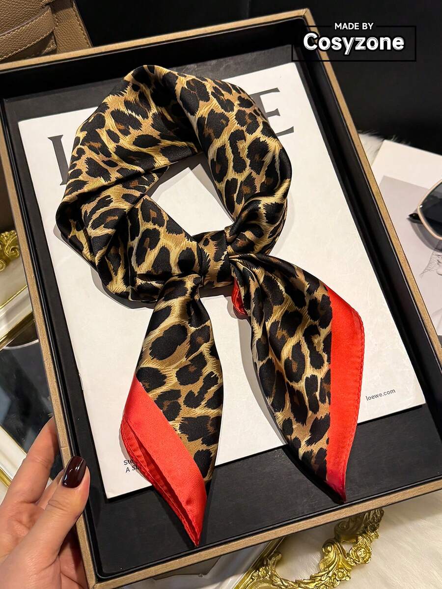 1pc Faux Silk Retro Leopard Print Chain Pattern 70cm Square Scarf, Unisex Casual & Streetwear Bandana, Headband, Neck Scarf, Outdoor Sun Protection Accessory, Suitable For Styling - Multicolor - View 1