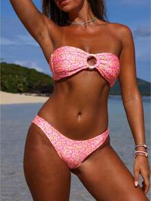 Women 2 Pieces Bikini Swimsuits Floral Print Padded Bra Strapless Tube Tops Thong Bottoms Beach Bathing Suit Set - 藕粉色 - 查看 1