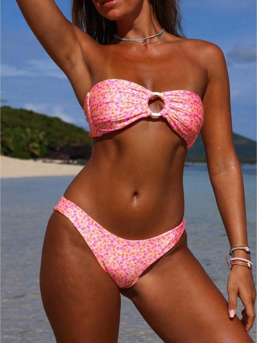 Women 2 Pieces Bikini Swimsuits Floral Print Padded Bra Strapless Tube Tops Thong Bottoms Beach Bathing Suit Set - 藕粉色 - 查看 1