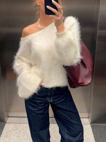 Women Mohair Off Shoulder Cropped Sweater Oversized Long Sleeve Cozy Fluffy Fuzzy Knit Pullover Tops - 白色 - 查看 3