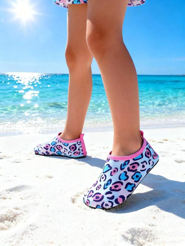Kids Colorful Leopard Print Quick-Dry Non-Slip Kids Water Shoes For Beach & Pool Activities