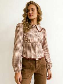 Women Y2k Babydoll Gingham Shirt Peter Pan Collar Long Sleeve Blouse Button Down Tops Cute Pleated T-Shirt - Cà phê nâu - Xem 3