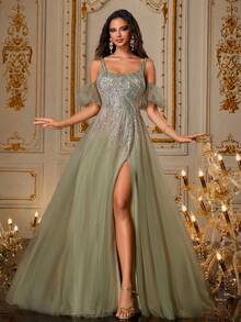 VIPGIRL New Green Spaghetti Strap Sequin Contrast Mesh Elegant Formal Evening Gown Dress, High Slit Backless Dress - Green - View 4