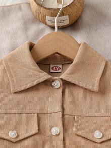 2pcs/Set Girls Spring/Autumn Jacket Outfit, Long Sleeve Collar Short Jacket + Floral Suspender Dress - Khaki - View 3