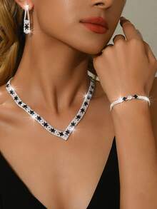 Four Piece/Set Elegant Ladies' Sparkling Fashion Set, Elegant Jewelry Set With Rhinestone Earrings And Necklace Bracelet, Suitable For Brides, Bridesmaids, And Banquets.