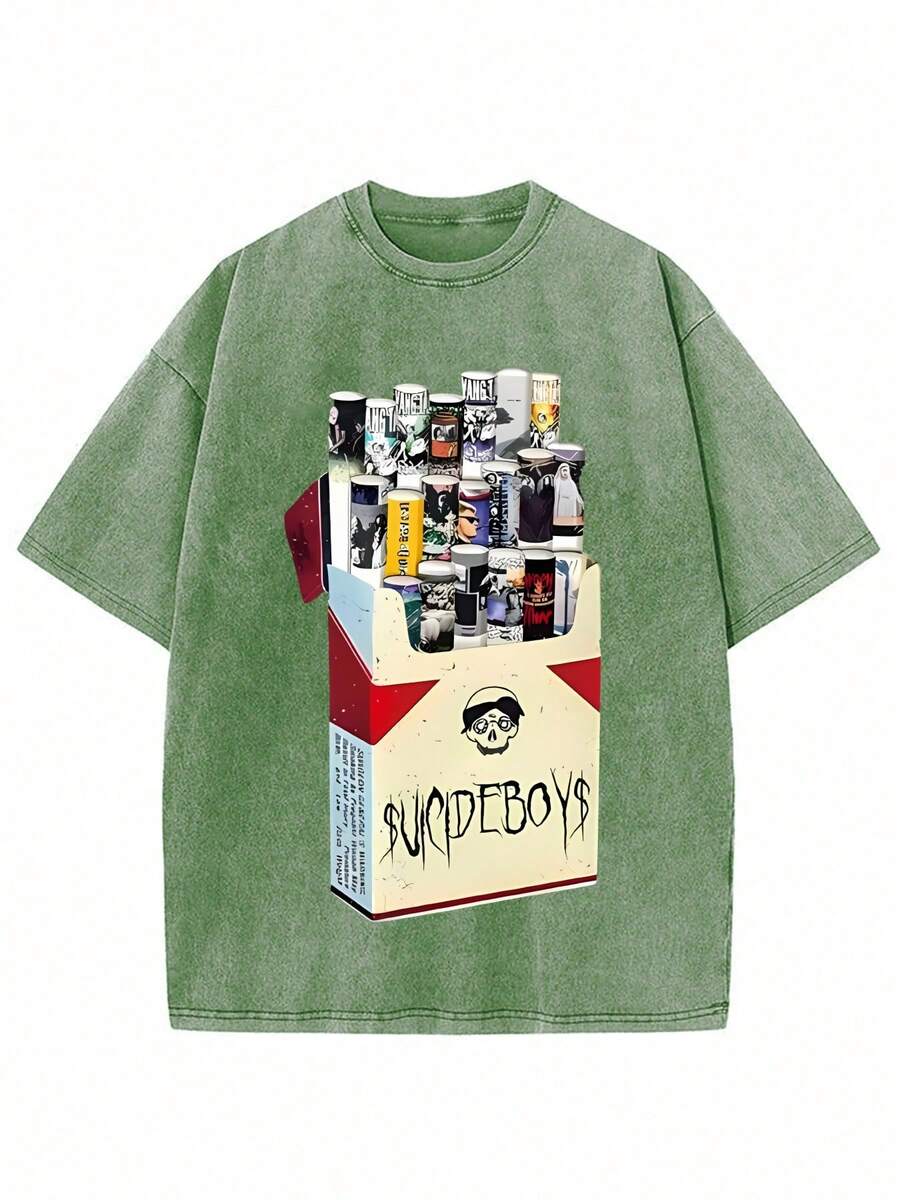 Uicideboy Cigarette Pack Graphic T Shirt, Graphic Tees, Summer Round Neck Short Men's T Shirt,Pure 220 Grams Cotton Sleeved T-Shirts, Halloween - Army Green - View 1