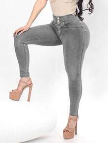 Women's High Waist High Elasticity Button Yoga Lifting Solid Color Jeans Casual Spring - Light Grey - View 5