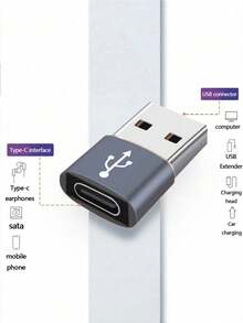 1 Pieza Adaptador De Usb A Tipo C De Material De Aleación De Aluminio, Adecuado Para Carga Y Transferencia De Archivos De Teléfono, Computadora, Cámara Con Puerto Usb - Gris Oscuro - Ver 3