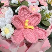 Crochet Flower Bouquet Knitted Roses Tulips Artificial Flower Bouquets Presents For Valentines Day - Pink - View 5