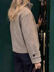 女士时尚双排扣立领长袖休闲外套，秋冬春季 - 棕色 - 查看 5