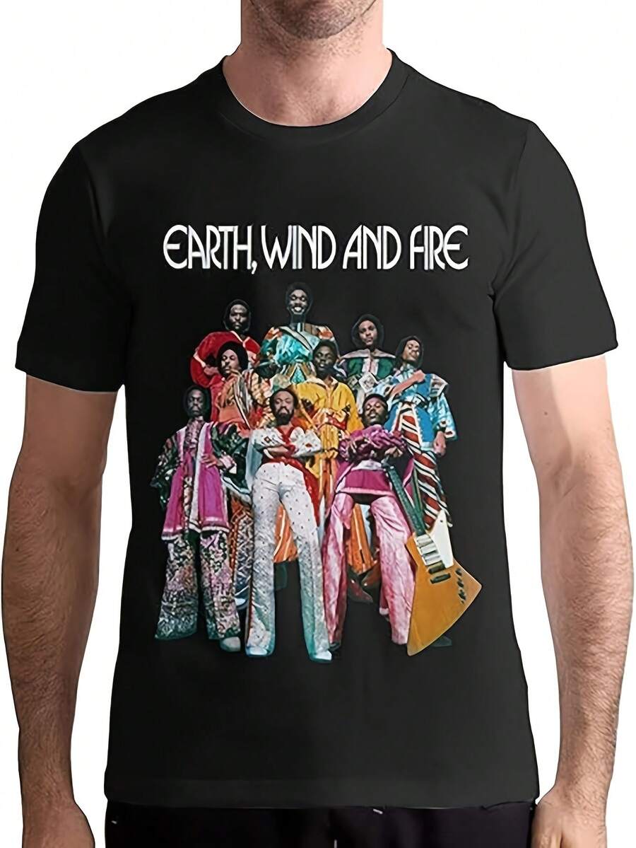 Earth, Wind And Fire Vintage Band Graphic T-Shirt - Retro 70s Disco Style With Philip Bailey & Verdine White, Lightweight 220gsm, Loose Fit Crew Neck Casual Tee For Concerts & Casual Attire - Music Lovers Apparel, Black Short Sleeve With Iconic Band Print, Machine Washable, All-Season Wear - màu đen - Xem 1