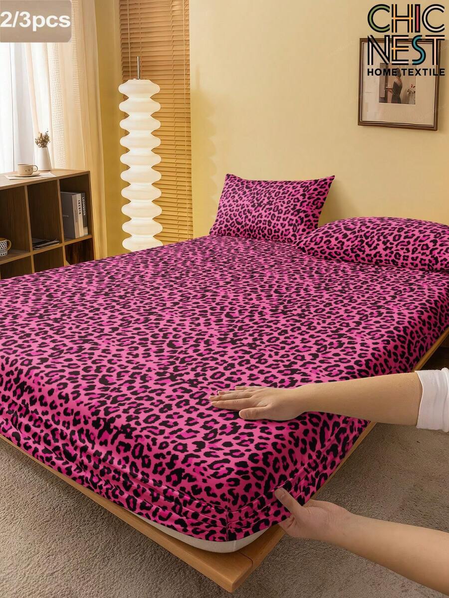 2/3pcs Set Deep Pink Leopard Print Bedding Set (1pc Bed Skirt + 1/2pcs Pillowcase), Sweet Girly Style Mattress Protector, Bed Sheet Set, Soft & Breathable, Fits Twin, Full, Queen, King Size Beds - Bed Skirt Depth Up To 11.8 Inches, Home Textile - Hot Pink - View 1