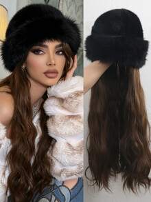 26英寸女士黑色毛绒渔夫帽假发，金色长波浪合成假发，时尚可拆卸女士假发，耐热合成纤维。 - 金色 - 查看 15