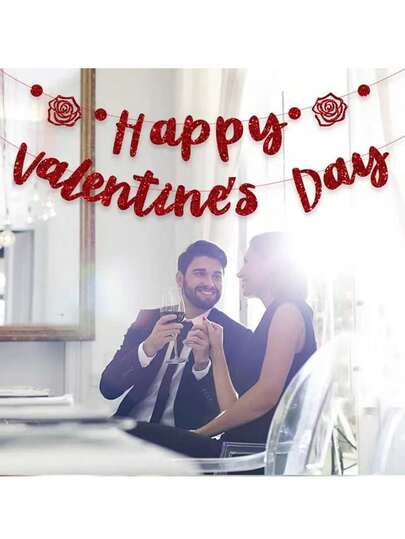 情人节快乐闪光字母悬挂三角旗装饰，卧室派对背景横幅